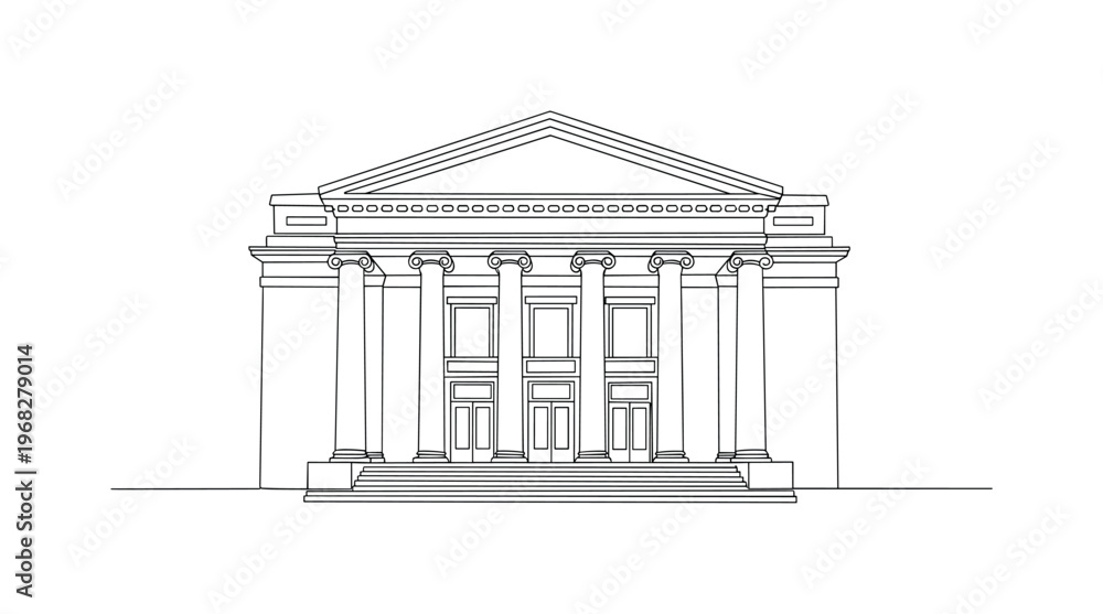 Fototapeta premium Period Playhouse. Minimalistic one-line drawing exterior of antique theater with columns and entrance steps, continuous single black line on white background,