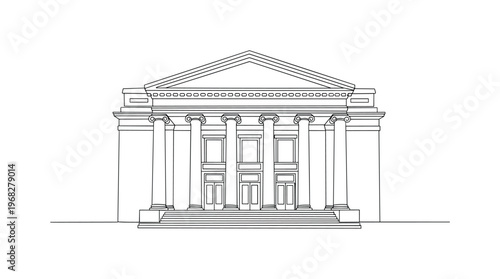 Period Playhouse. Minimalistic one-line drawing exterior of antique theater with columns and entrance steps, continuous single black line on white background,