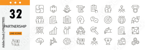 Partnership icons set representing collaboration, agreement, teamwork, business relations, handshake, trust, cooperation and joint ventures. Editable Stroke.
