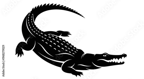 Powerful black crocodile illustration with sharp teeth and scales.