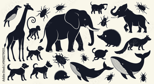 Diverse collection of animal silhouettes on a white background.