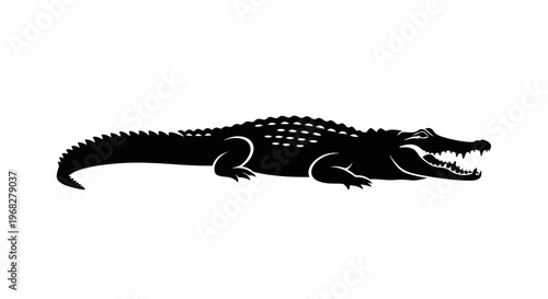 Powerful black crocodile silhouette illustration with open jaws.
