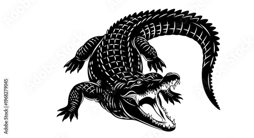 Powerful Alligator with Open Mouth in Detailed Engraving Style.