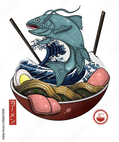 Quadro em tela Giant fish jumping from ramen bowl with great wave off Kanagawa, Japanese surrea