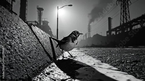 Black and white video of a small bird in front of an explosion in a desolate urban landscape