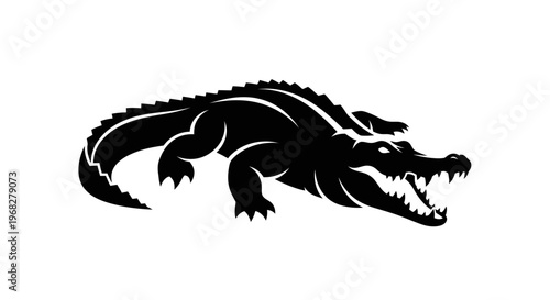 Powerful black crocodile silhouette with open jaws and sharp teeth.