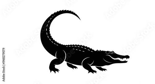 Powerful black crocodile silhouette with curved tail.