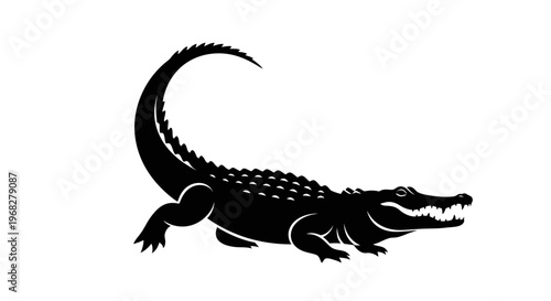 Powerful black crocodile silhouette with sharp teeth and curved tail.