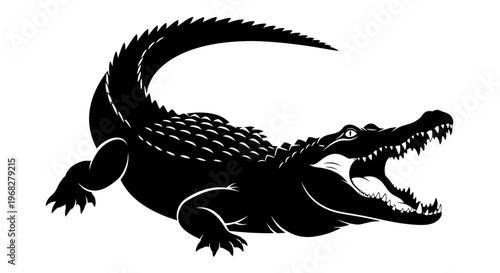 Powerful black silhouette of an alligator with its mouth wide open.