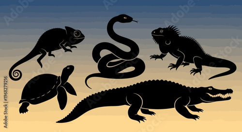 Silhouettes of various reptiles and amphibians in a natural setting.