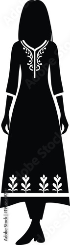 Black silhouette of a woman in a traditional Indian salwar kameez with intricate embroidery isolated on white background vector illustration