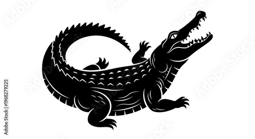 Powerful black silhouette of an alligator with its mouth open, showcasing its formidable presence and sharp teeth.