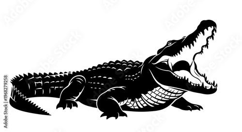 Powerful crocodile with open jaws and sharp teeth illustration.