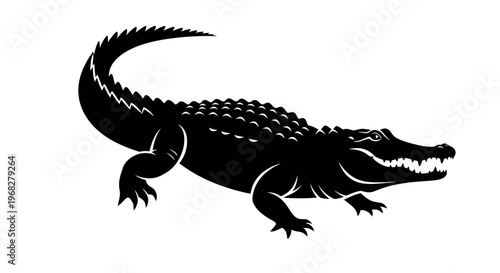 Powerful crocodile silhouette illustration in black and white.