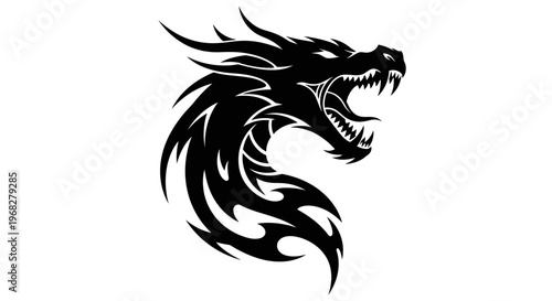 Powerful black tribal dragon head silhouette with fierce expression.