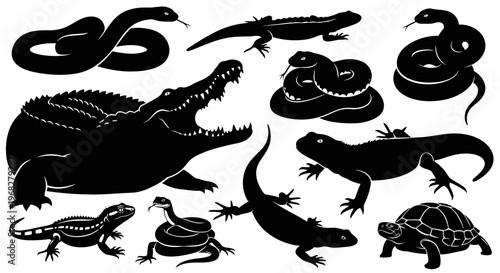 Silhouettes of various reptiles including snakes, lizards, alligators, and turtles.