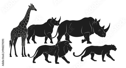 Silhouettes of various wild animals including a giraffe, rhinos, a lion, and a panther, depicted in a minimalist style.
