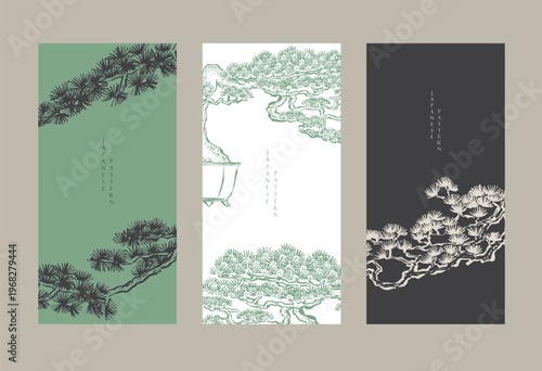 vector illustration of bonsai tree branch element with Chinese painting in traditional style.