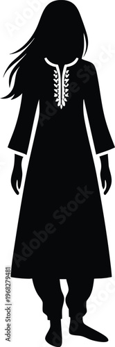 Silhouette of a woman in traditional dress vector illustration with embroidered neckline isolated on white background for cultural themes