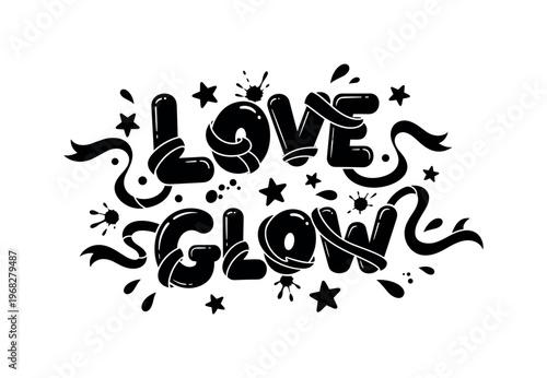 Love Glow. lettering and all elements in black. Vector style. AWhite background. Pure white background. Perfect isolation and visual consistency. Funky