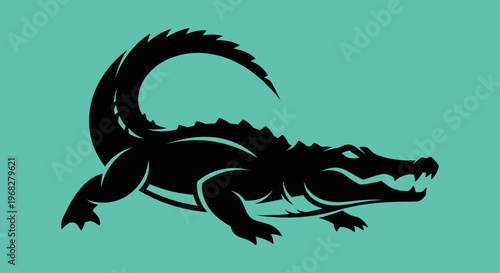 Stylized black alligator or crocodile illustration on a teal background.