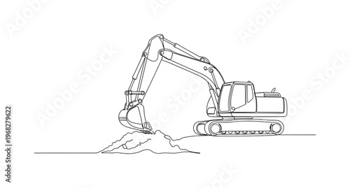 Heavy Machinery Excavation. Minimalistic one-line drawing excavator arm and bucket digging ground at construction site, continuous single black line on white