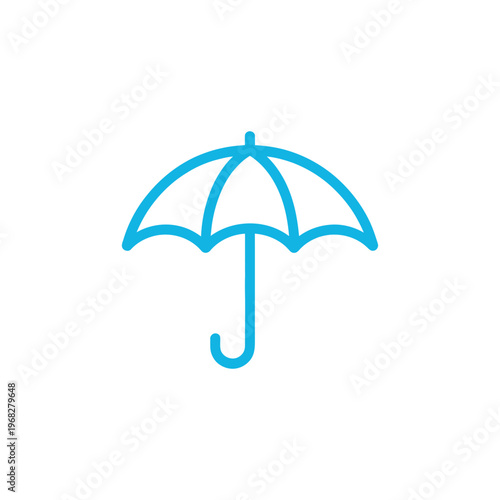 Blue outlined umbrella providing protection from precipitation on white background