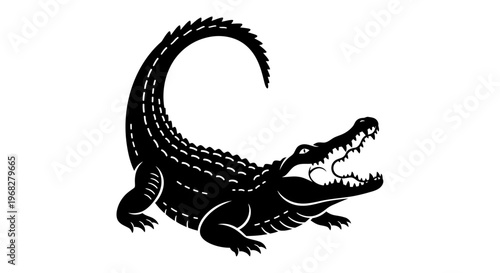 Stylized black alligator with open mouth and curved tail on a white background.
