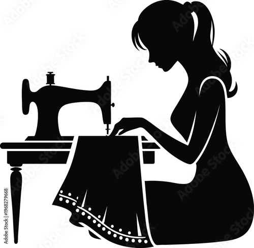 Silhouette of a woman sewing on a vintage sewing machine flat design illustration for fashion and craft concepts isolated on white