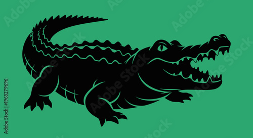 Stylized black alligator with open mouth on green background.