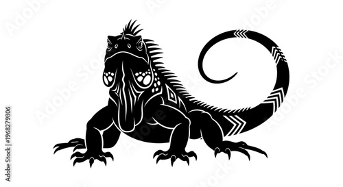 Stylized black iguana illustration with intricate patterns.