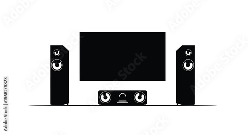 A minimalist depiction of a modern home theater system featuring a flat screen tv and speakers