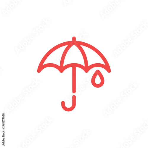 Red outlined umbrella with a falling raindrop on white background