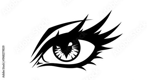 Stylized black eye with sharp eyelashes and detailed iris design.