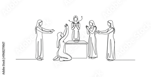 Ancient Ceremony. Minimalistic one-line drawing figures performing ritualistic actions around altar, continuous single black line on white background, simple
