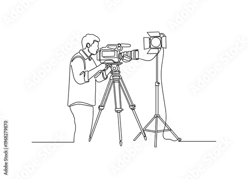 Documentary Setup. Minimalistic one-line drawing camera operator filming with lighting and tripod, continuous single black line on white background, simple