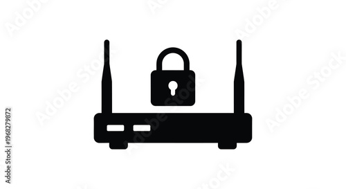 A black silhouette of a wireless router secured with a padlock representing network security high quality
