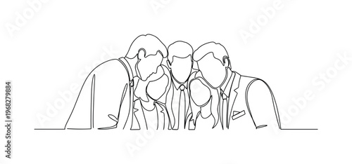 Team Huddle. Minimalistic one-line drawing group of coworkers leaning in discussing ideas, continuous single black line on white background, simple outline