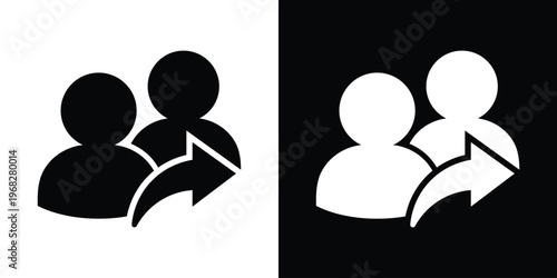 Vector flat icon showing three person silhouettes with a curved arrow. Symbolizes sharing a contact, referring a friend, team expansion, or transferring data between user profiles.