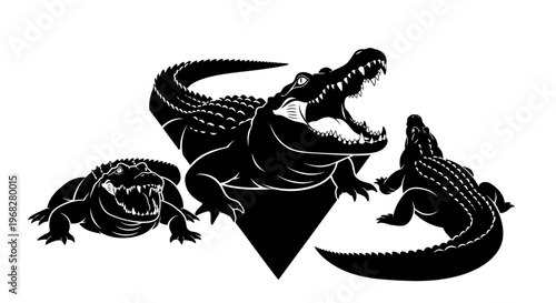 Three powerful alligator silhouettes in an aggressive stance, showcasing their wild nature and strength.