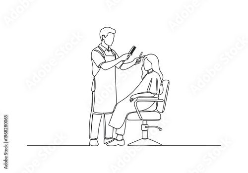 Hair Planning Session. Minimalistic one-line drawing stylist demonstrating haircut plan to client in chair, continuous single black line on white background,