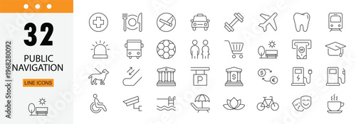 Public navigation icons set representing maps, location, direction, routes, GPS, transport systems and wayfinding. Editable Stroke.