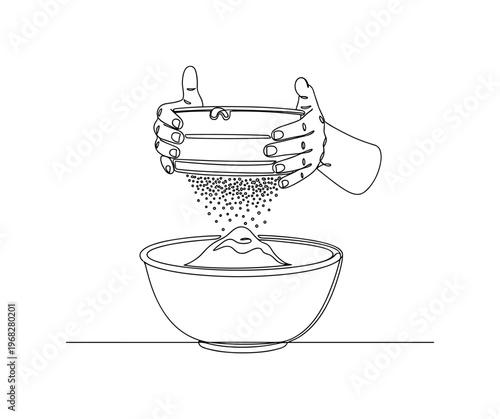 Baking Preparation. Minimalistic one-line drawing hand sifting flour into mixing bowl, continuous single black line on white background, simple outline style,
