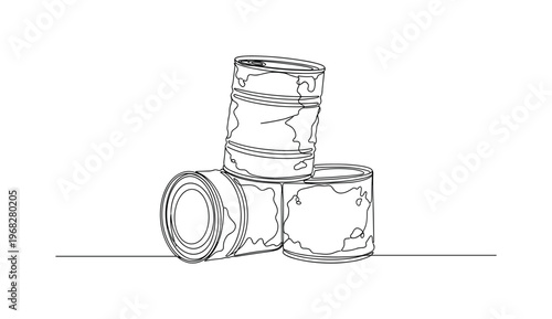 Aged Metal Cans. Minimalistic one-line drawing corroded and dented cans stacked, continuous single black line on white background, simple outline style, no