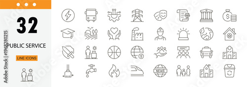 
Public utilities icons set representing water supply, electricity, gas, waste management, infrastructure services, distribution systems and essential urban facilities. Editable Stroke
