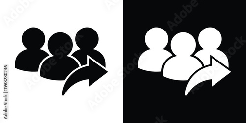 Vector flat icon showing three person silhouettes with a curved arrow. Symbolizes sharing a contact, referring a friend, team expansion, or transferring data between user profiles.