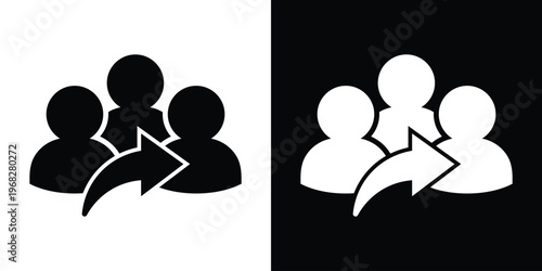 Vector flat icon showing three person silhouettes with a curved arrow. Symbolizes sharing a contact, referring a friend, team expansion, or transferring data between user profiles.