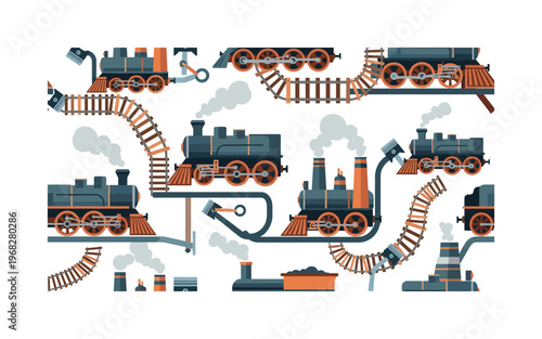 engine room motifs seamless pattern, repeating pattern, surface design, textile print, modern illustration of steam locomotives, wheels, pistons, gears,