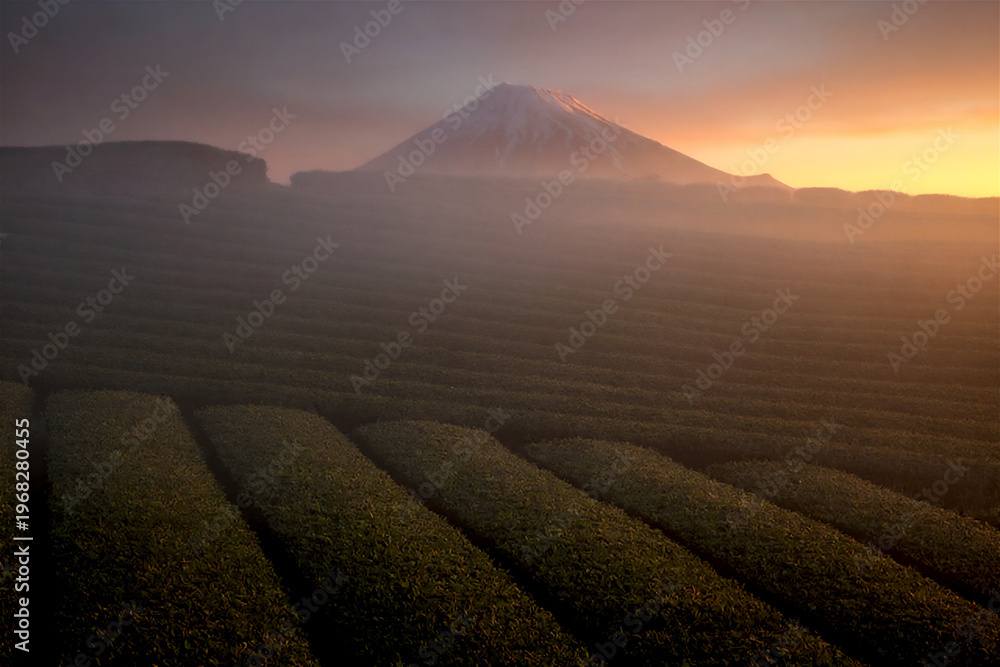 Naklejka premium Mt. Fuji and tea fields at sunrise