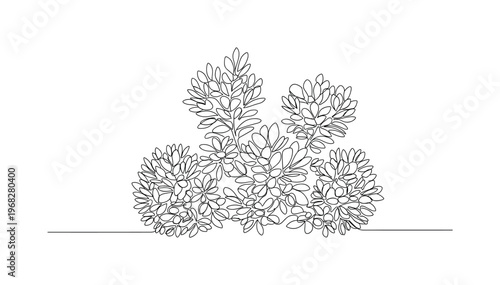 Shrubbery Detail. Minimalistic one-line drawing close-up of bush with leaf clusters, continuous single black line on white background, simple outline style, no